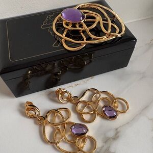 1993 Vtg Avon Faux Amethyst Gold Tone Brooch & Earrings Set Bold 90s Statement